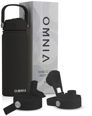 OMNIA Vacuum Insulated Stainless Steel Water Bottle, 2 Lids (Straw & Spout) Leakproof, BPA-Free, Reusable Flask, Hot & Cold Thermos for Sports, Gym, Travel, Outdoors (Black, 540ML)