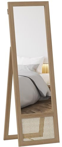 HOMCOM Espejo de Cuerpo Entero 160x50 cm Espejo de Pie o de Pared con Marco de Madera y Soporte para Salón Dormitorio Natural