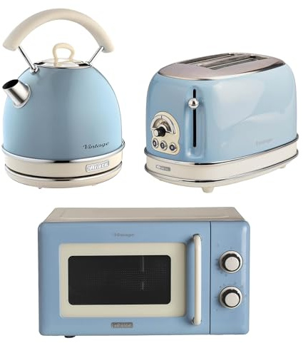 Ariete Vintage Breakfast Set, Retro 2-Slice Toaster with 6 Browning Levels, 2000W Fast-Boil Kettle & 800W Microwave, Blue