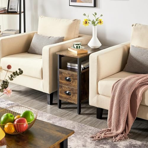HYGRAD BUILT TO SURVIVE Industrial Look Wooden Narrow End Bed Side Coffee Table Space Saving Nightstand With 2 Storage Drawers For Living Room, Bedroom Rustic Brown
