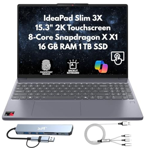 Lenovo IdeaPad Slim 3X Home Student Business Laptop 2025, 15.3 2K (1920x1200) Touchscreen, Snapdragon 8-Core X X1-26-100, 16GB LPDDR5x RAM, 1TB SSD, FPReader, Wi-Fi 7, Webcam, Copilot Windows 11