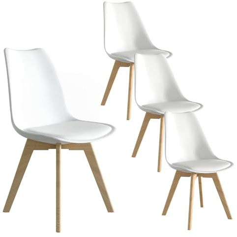 YLGJ&TIDY Skandinavisches Esszimmerstühle 4er Set Upholstered Birke Holzbeine Küchenstühle Kunstleder Gepolstertem Retro Schalenstuhl für Wohnzimmer Schlafzimmer Büro (Weiß, 4 Stücke)