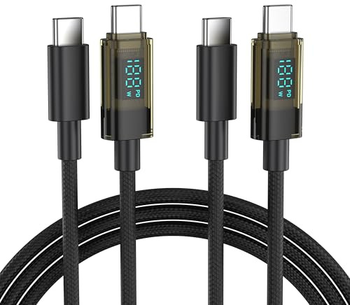 BENFEI Cavo 100 W da USB C a USB C con display LED [confezione da 2 pezzi da 1 metro], cavo USB C trasparente per ricarica rapida per iPhone 17/16/15 Pro Max/Plus, Google Pixel