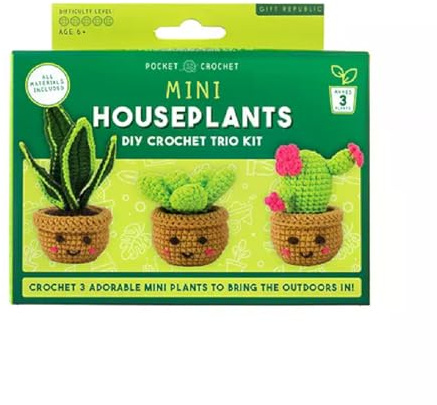 Gift Republic Mini Houseplants Crochet Kit – DIY Crochet Trio for Beginners | Make Snake Plant, Succulent & Cactus | Complete Craft Kit with Hook & Yarn