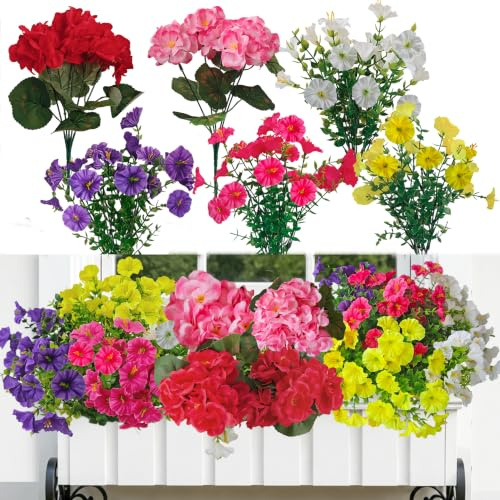 12 Bündel Kunstblumen wie Echt Künstliche Seidenblumen Balkonpflanzen | Wetterfest UV-Beständig,Geranien mit Petunien Blumenstrauß für Innen Draußen Deko,Balkonkasten,Garten,Friedhof Frühlingsdeko