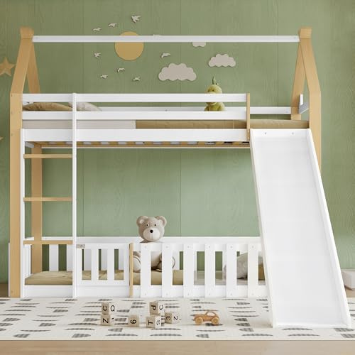 Letenbin Lit Superposé 90x200 cm avec Toboggan, Lit Cabane Superposé avec Toit Élégant, Cadre de Lit avec Espace Ouvert et Barrière de Sécurité, Pin MDF et Contreplaqué, Blanc et Naturel
