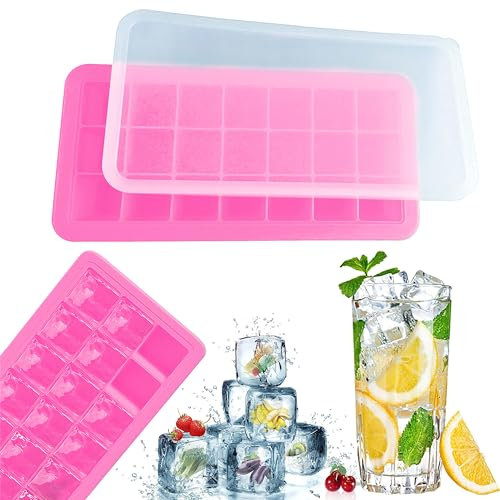 Hot Pink Silicone Ice Cube Tray 21 Cavity with Lid BPA Free Easy Release Mould for Baby Food Juice Chocolate Reusable Stackable Freezer Safe Non-Spill Dishwasher Safe - 27cm