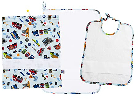 FILET - Set Kindergarten Drei Stück mit Canvas Aida zu Sticken, bestehend aus Säckli, Handtuch und Lätzchen aus Weißer Schwamm, 100% Baumwolle, Made in Italy, Ausgefallene Maschinen Blauer Hintergrund