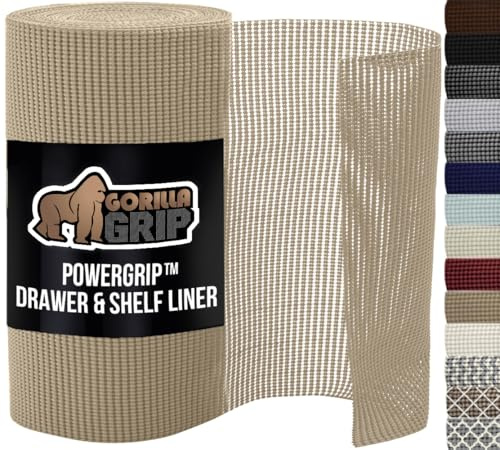 GORILLA GRIP powerGRIP Drawer Shelf and Cabinet Liner, Thick Strong Hold, Non-Adhesive Liners Protect Kitchen Cabinets and Cupboard, Bathroom Drawers, Easy Install, Breathable Mat, 12 x10', Beige