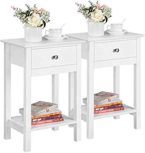 Yaheetech Set 2 Comodini Bianchi in Stile Shabby Chic Comodino Camera da Letto Moderni 40 x 30 x 61 cm con Cassetto e Ripiano in Legno e MDF Tavolini Soggiorno Laterale da Divano Salotto