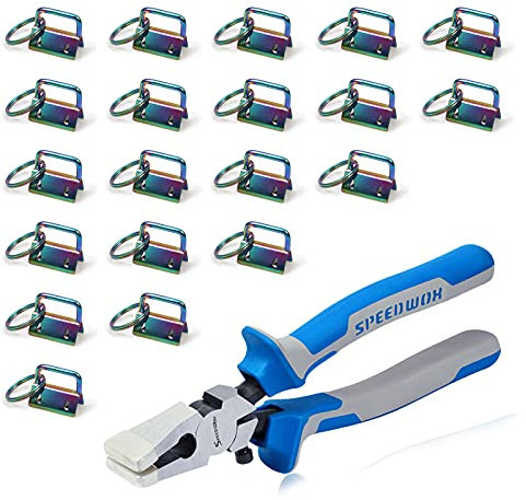 SPEEDWOX 20 Pcs 1 Rainbow Key Fob Hardware Set with Key Fob Pliers, 8 Inches Glass Breaking Pliers with Rubber Tips TPR Handles, for Wristlet Keychain Key Lanyard Making
