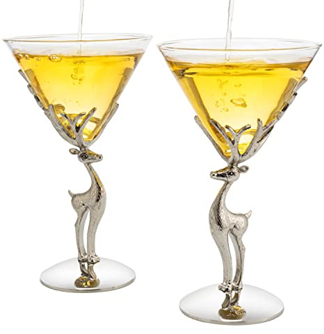 Martini- und Cocktailgläser mit Hirschgeweih – 2er-Set – Chrom-Hirsch-Design, elegantes Tier-inspiriertes Barzubehör, Alltag, Hochzeit, Motto-Partys, rustikale Dekoration, Liebhaber, Geschenke