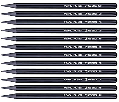 ESENG® Graphitstifte Set PEARL PL-12G, Vollmine｜Holzfrei｜Plastikfrei, Skizzenstifte in Schwarz mit 12 verschiedenen Härtegraden 2H HB B 2B 3B 4B 5B 6B 7B 8B 9B 10B, 12er Metalletui