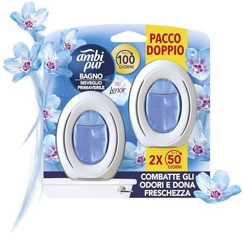 Ambi Pur Bagno Profumatore per Ambienti ad Azione Continua, 2 pezzi, Lenor Risveglio Primaverile, Eliminazione e Prevenzione degli Odori, fino a 50 giorni di Profumo