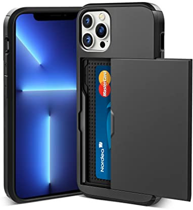 ACOCOBUY Compatible with iPhone 13 Pro Max Case with Card Holder Shockproof Protective Dual Layer Hidden Sliding Card Slot Heavy Duty Wallet Phone Cover Armor Back Shell 6.7 inch for Men Women Black