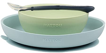 Nattou Set Repas en Silicone pour Enfants, 3 Pièces, 1 Cuillère, 1 Assiette, 1 Bol, Antidérapant, Sans BPA, Silicone, Bleu/Vert