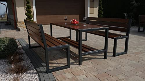 Modernes Zeitloses Holz Balkonmöbel Terrassenmöbel Gartenmöbel Set - Essgruppe Sitzgruppe mit Terrassenbank Gartenbank Gartentisch Stühlen für Outdoor Garten Terrasse 6 Personen (Palisander), 1T, 2B