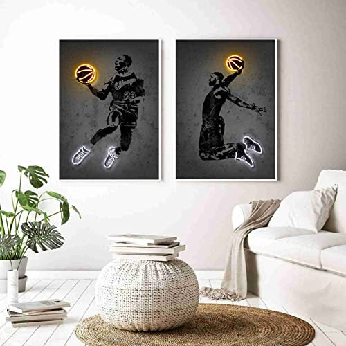 BDHcdfAJGf Basketball Star Neon Print Poster Street Graffiti Leinwand Bild Ball Sports Star Wand Bilder Bild für Wohnzimmer Home Dekorative 50x70cmx2 ungerahmt