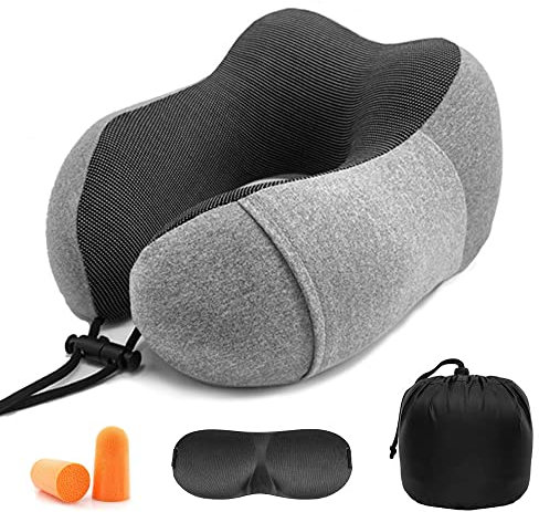 Newaner Nackenkissen Set mit 3D Schlafmaske und Ohrstöpsel - Abnehmbarer Bezug - Memory Schaum - Reißverschluss - inkl. Aufbewahrungstasche - Reisekissen - Farbe wählbar (Grau)