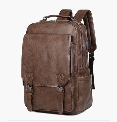 XKUN Zaino Borsa per Computer per Laptop in Pelle da 15,6 Pollici in Pelle con Porta di Ricarica USB, Zaino da Viaggio per Zaino Scolastico-Brown