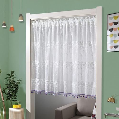 Devola Tür Vorhang hängend küche Scheibengardinen modern lang Bistrogardine mit quaste transparent Fertiggardine mit Blumenmuster Spitze gardinen Kurzstore BxH 150x90cm Violett 1 Stück