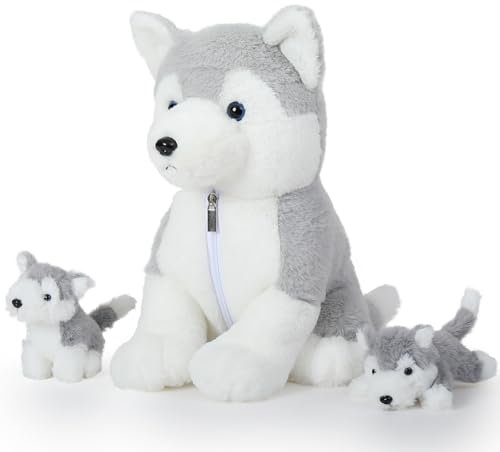 MorisMos Plüschtier-Husky, groß, 40 cm, realistischer Hund mit 2 Kawaii-Welpen, riesiger Husky, Plüsch-Spielzeug, Geschenk für Mädchen, Jungen, Geburtstag, Weihnachten, Dekoration
