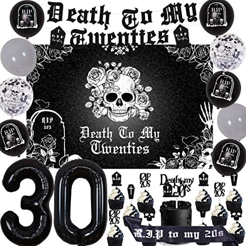 Cheereveal Schwarze Dekorationen zum 30. Geburtstag für Sie und Ihn, Death to My Twenties Dekorationen Banner Kuchen Topper Hintergrund Rip to My 20s Geburtstag Schärpe Zahl 30 Ballon