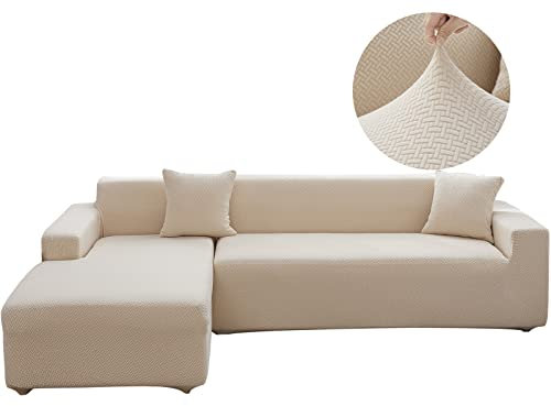 TOPCHANCES Sofabezug 3 Sitzer L Form - Weiche Anti-Rutsch-Stretch Sofabezüge Sofabezug Möbelschoner mit 2 Kissenbezügen für L geformtes Sektionssofa (Beige Yellow, Weave)