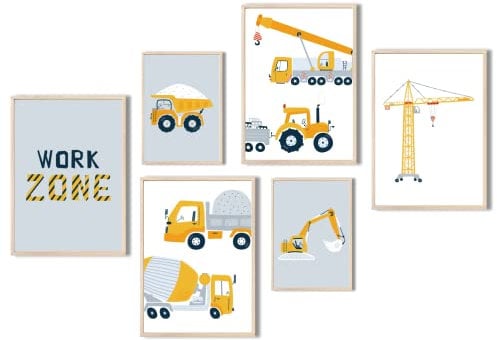 MeinBaby123® Bilder Baufahrzeuge | 6er Set DIN A4 & DIN A5 | Bagger, Kran, Kipplaster | Poster Kinderzimmer | Deko Bilder Kinderzimmer Junge | Babyzimmer Deko | Premium Qualität (Bagger V3)