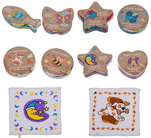 Magisches Baumwoll-Handtuch Zaubertuch Tiere 8er-Set für Kinder 30 x 30 cm Mitgebsel Geschenkidee Kindergeburtstag Geschenk Reisen 100% Baumwolle