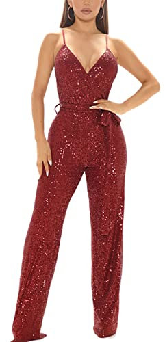 RICOCHO Ärmelloser Pailletten Playsuit Damen Gold Glitter Long Jumpsuit