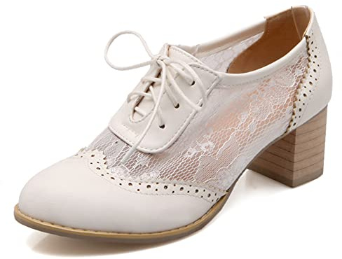 Womens Lace Mesh Stacked Chunky Heel Wingtip Oxfords Round Toe Block Heels Lace-Up Pumps Work Office Dress Shoes (White, US 7)