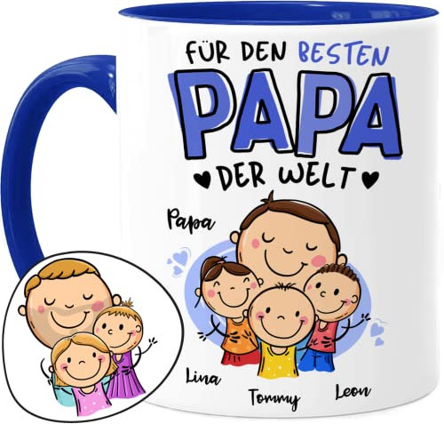 Tassenliebling® Papa Tasse Personalisiert Mit 1-3 Kindern - Blau - Für Den Besten Papa Der Welt - Vatertagsgeschenk Oder Geburtstagsgeschenk - Geschenk für Sohn Tochter