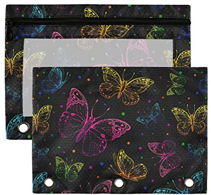 Wudan Neon Pink Blau Lila Schmetterling 3 Ring Binder Federmäppchen 2 Pack Transparent Wasserdicht Kunststoff Federmäppchen mit Reißverschluss Kosmetiktasche Büro Dokument Organizer