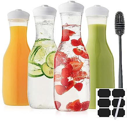 KORDISEN Lot de 4 pichets en plastique avec couvercle, carafe à eau de 1,4 l pour boissons, lait, mimosa, pichet à thé glacé, conteneurs de jus avec couvercles pour réfrigérateur, sans BPA