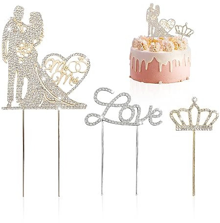3 Pack Wedding Cake Toppers,Mr & Mrs Wedding Decor,Heart Crown Cake Topper,Rhinestone Cake Toppers,Personalized Cake Decorations,Suitable for wedding party