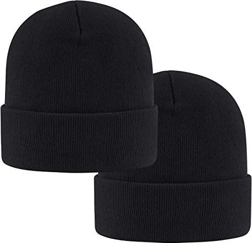 2 Stück Classics Beanie Mütze Herren Damen,Unisex Wintermütze,Knit Cuffed Beanie Hat,Dehnbar Weiche Strickmütze für läuft Autofahren Radfahren Arbeiten Outdoor (Schwarz und Schwarz,2 Stück)