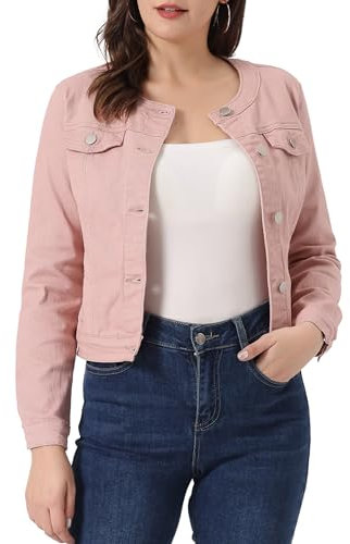 Allegra K Veste en jean pour femme boutonnée sans col à manches longues vestes en jean Gris rose S