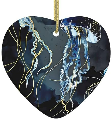 Blaue und goldene Qualle Print Personalisierte Weihnachtskugel, Keramik Weihnachten Hängende Ornament, Weihnachtsbaumschmuck Für Freund Freundin Frau Xmas Geschenke