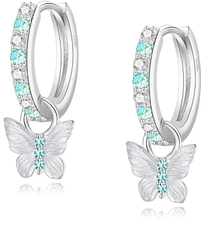 Miss Lovie Ohrringe für Mädchen Kinder Creolen Nickelfrei 925 Sterling Silber mit Schmetterling Anhänger Mädchenohrringe Charm Design Hypoallergen Silberohrringe Türkis