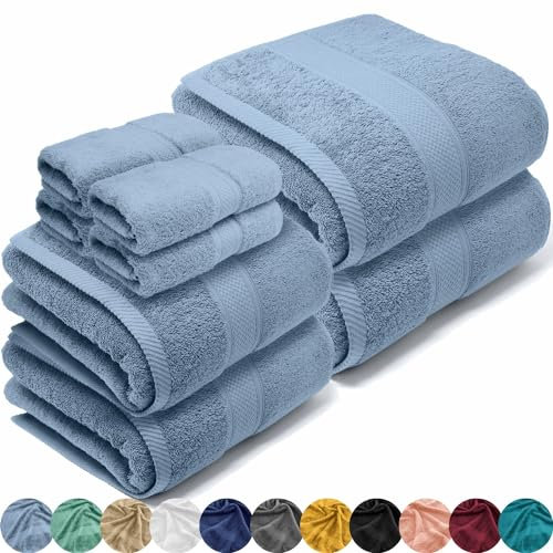 LEBENGOOD Juego de Toallas Baño Completo 100% Algodón Premium 550gsm | 4 Toallas Tocador (30x30), 2 Toallas Lavabo (50x90), 2 Toallas Ducha (70x130) | Suaves, Absorbentes y Resistentes (Pack 8 Cielo)
