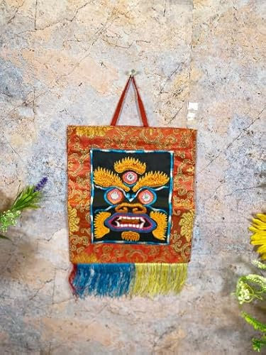 Tibetisches Mahakala besticktes Banner, Seidenbrokat und Baumwolle, Wandbehang, spiritueller Schutz, traditionelle buddhistische Kunst, 24 x 36 cm