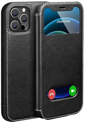 Yidai-Silu Klapphülle für iPhone 15 Pro Max Echtleder Fenster Hülle Schwarz | Elegantes sichtbares Fensterdesign Magnetverschluss Hülle Flip Case Schutzhülle Handy Tasche für Apple iPhone 15 Pro Max