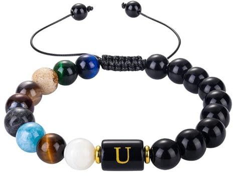 Bishilin Perlen Armband Herren, Armbänder Charms Verstellbar 10MM Obsidian und Naturstein mit Buchstabe U Chakra Armband Männer Personalisiert