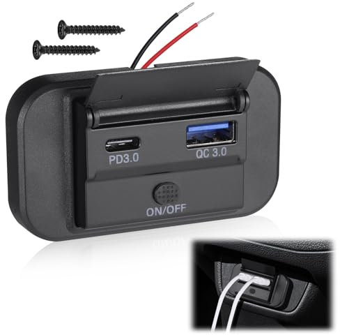 JIZZU Dual USB Car Charger Socket with Switch, PD USB C Charging Socket, QC3.0 Charging Socket, Type C Motorhome Sockets 12V / 24V for Boat SUV Caravan RV Truck Marine