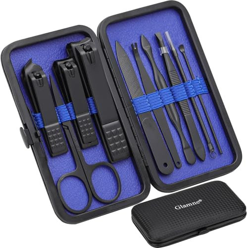 Glamne Kit de manucure professionnel en acier inoxydable avec étui de voyage en cuir 10 en 1 Bleu