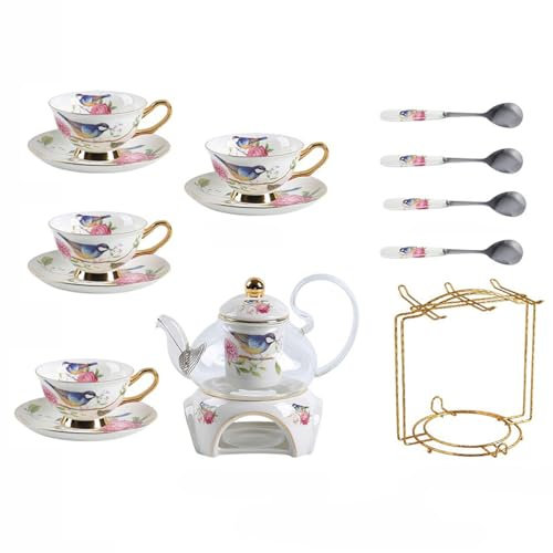 HSTWODE-15 Stück Europäischen Blumen Tee Set,Muster Bone China Tee Set Service Kaffee Set, Beheizte Glas Teekanne, Für Geschenk Und Haushalt, Hochzeit (Vogel- und Blumenmuster)