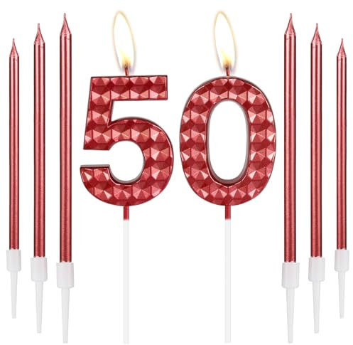 50th Birthday Decorations - Red Number 50 Candles, Girls & Boys Birthday Party & Wedding Anniversary Toppers