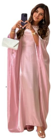 RUIG Women Satin Abaya Dress Islam Muslim Summer Batwing Sleeve Maxi Dress Kaftan Robe Ramadan Clothes Lightpink
