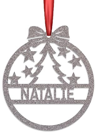 KreateSquare Personalised Christmas Bauble, 950 GSM Double-Sided Glitter Xmas Tree Decoration, Custom Name Baubles, Red & White Christmas Decorations Ornaments (Silver, Xmas Tree)